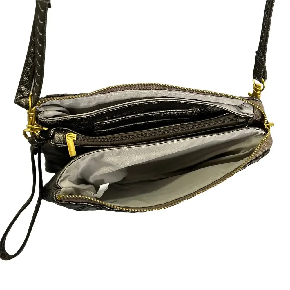 Women's Metallic‎ Brown Faux Leather Crossbody Bag Adjustable Strap Boho